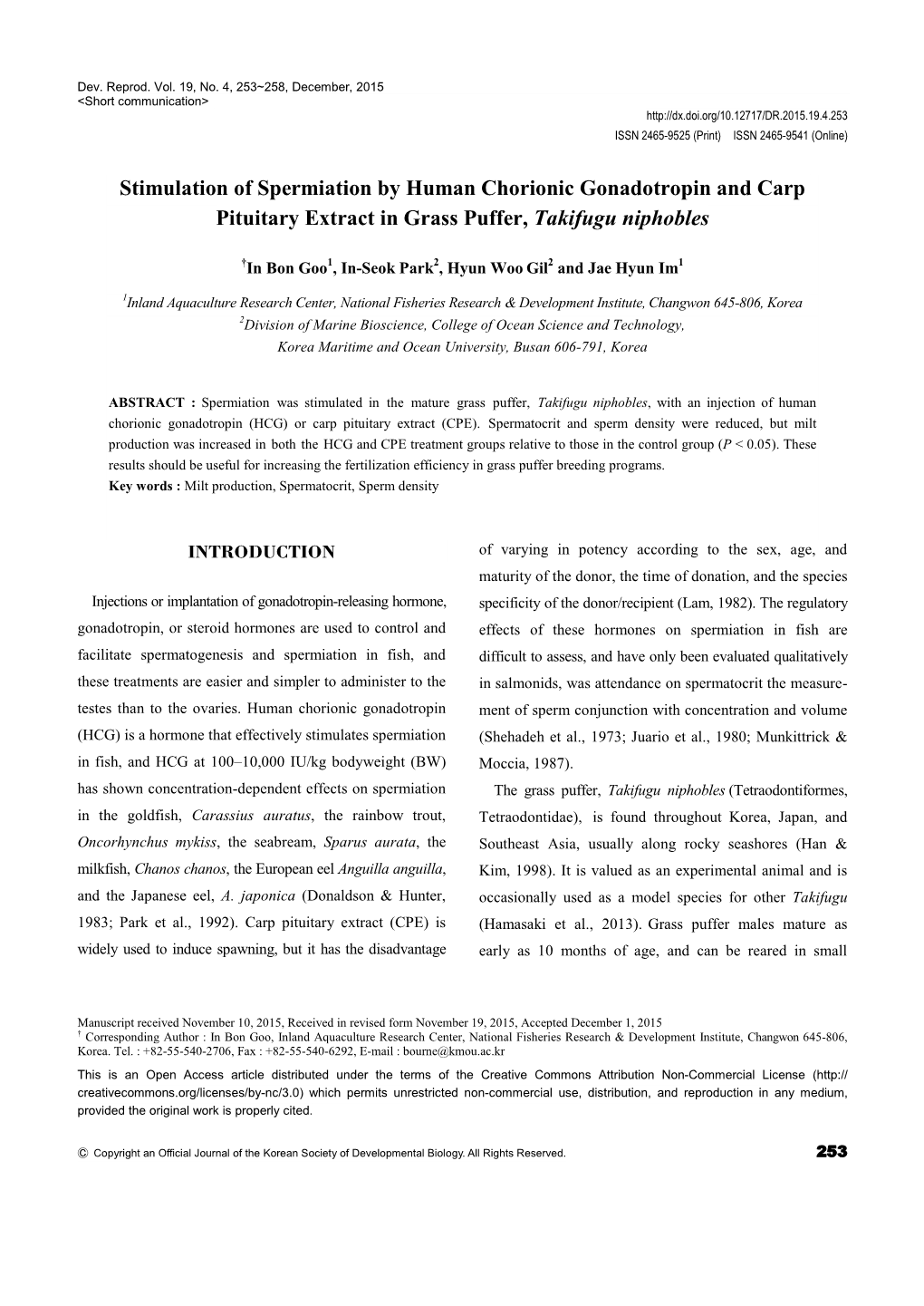 Stimulation of Spermiation by Human Chorionic Gonadotropin and Carp Pituitary Extract in Grass Puffer, Takifugu Niphobles