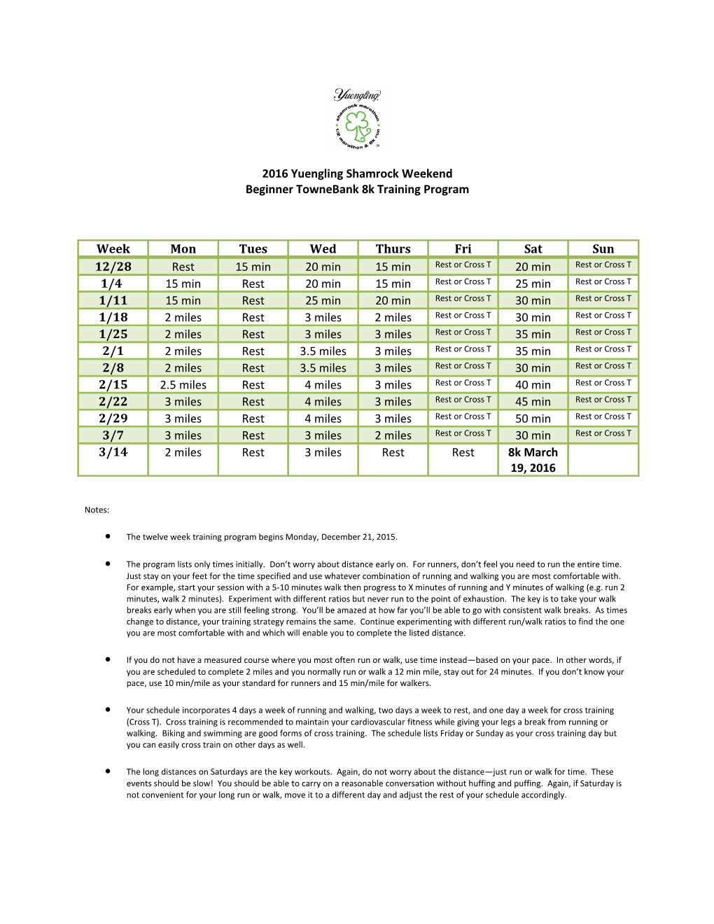 2016 Yuengling Shamrock Weekend Beginner Townebank 8K Training Program