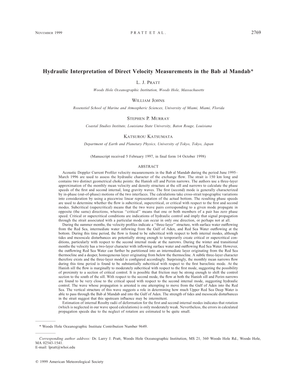 Hydraulic Interpretation of Direct Velocity Measurements in the Bab Al Mandab*