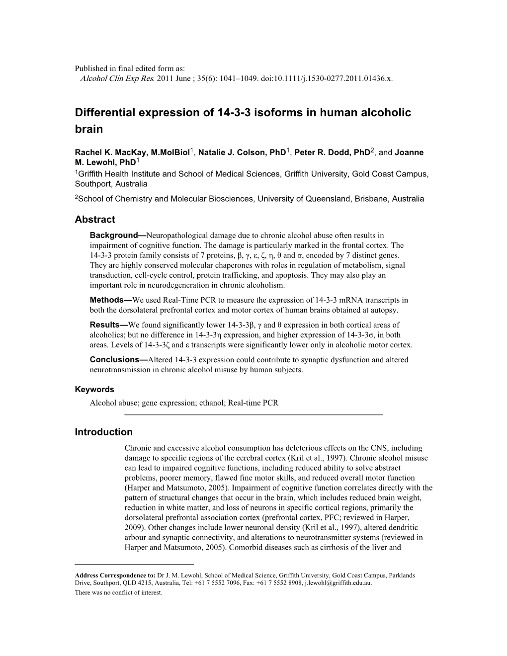 Differential Expression of 14-3-3 Isoforms in Human Alcoholic Brain