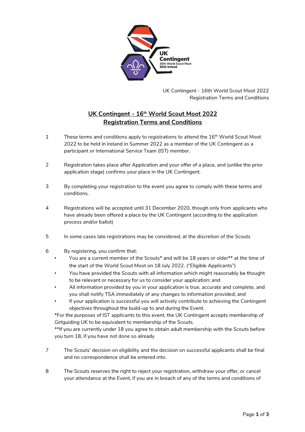 UK Contingent - 16Th World Scout Moot 2022 Registration Terms and Conditions
