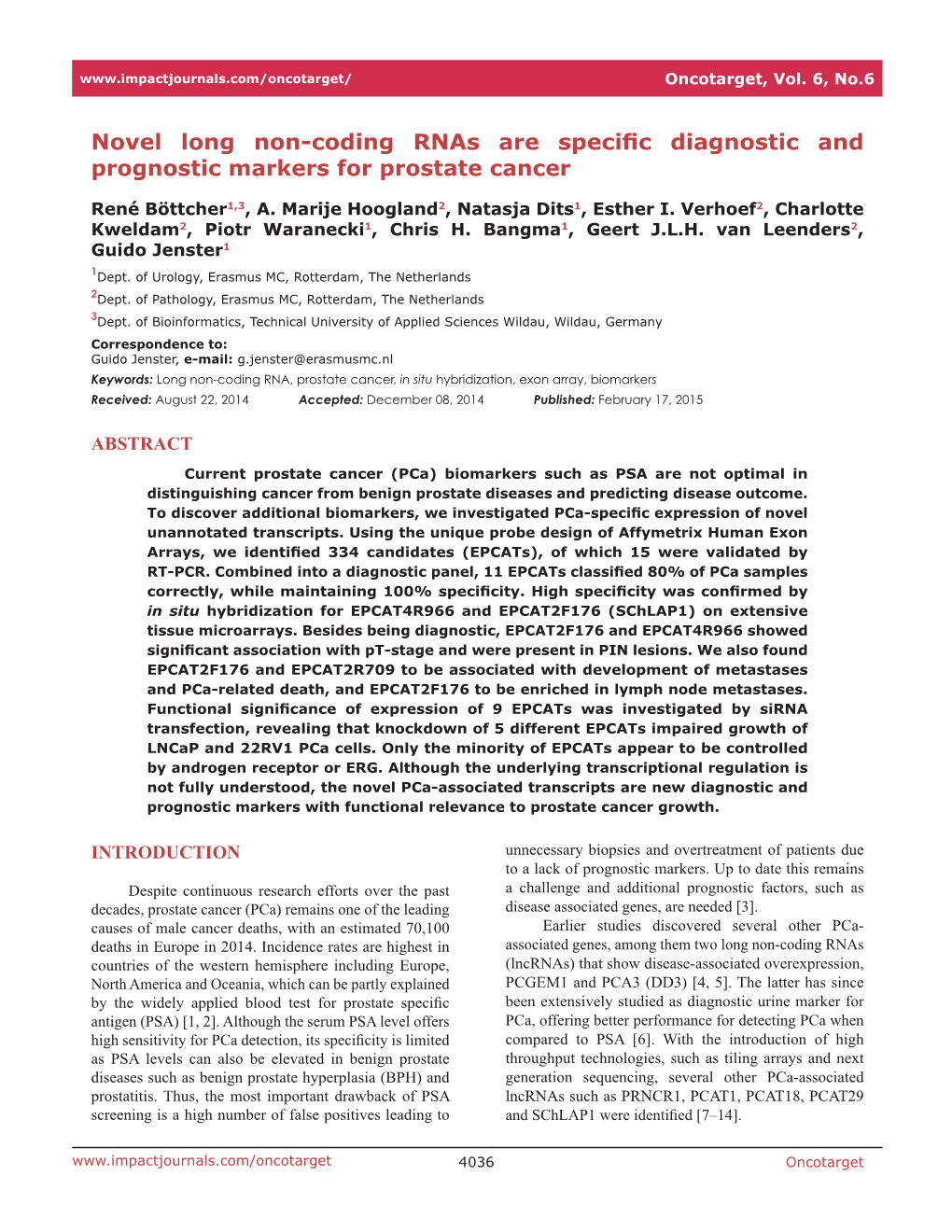 Novel Long Non-Coding Rnas Are Specific Diagnostic and Prognostic Markers for Prostate Cancer