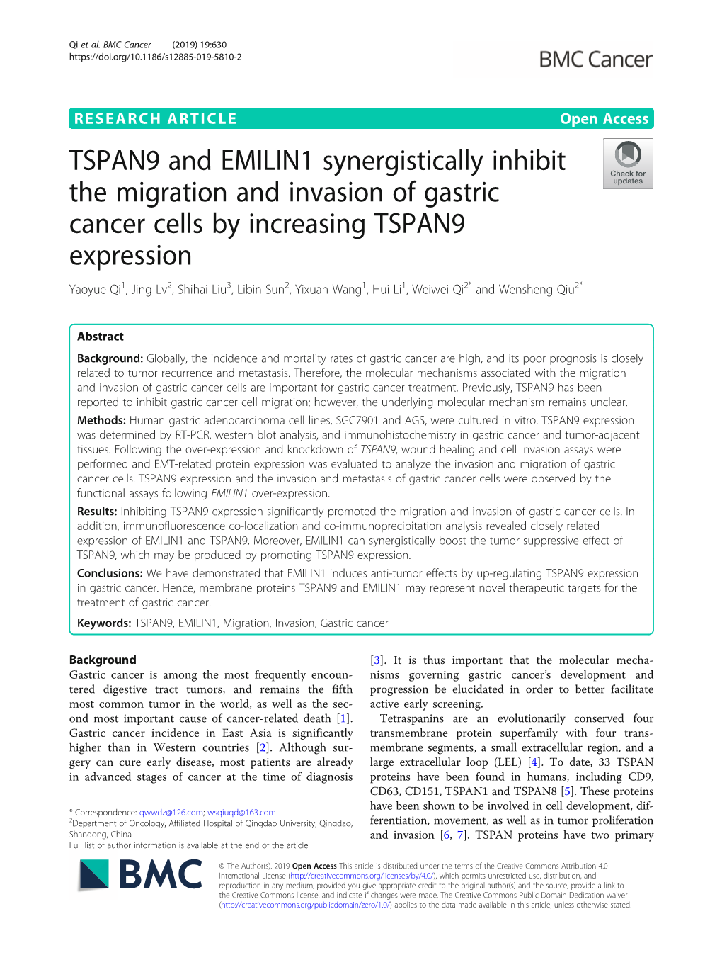 TSPAN9 and EMILIN1 Synergistically Inhibit the Migration and Invasion Of