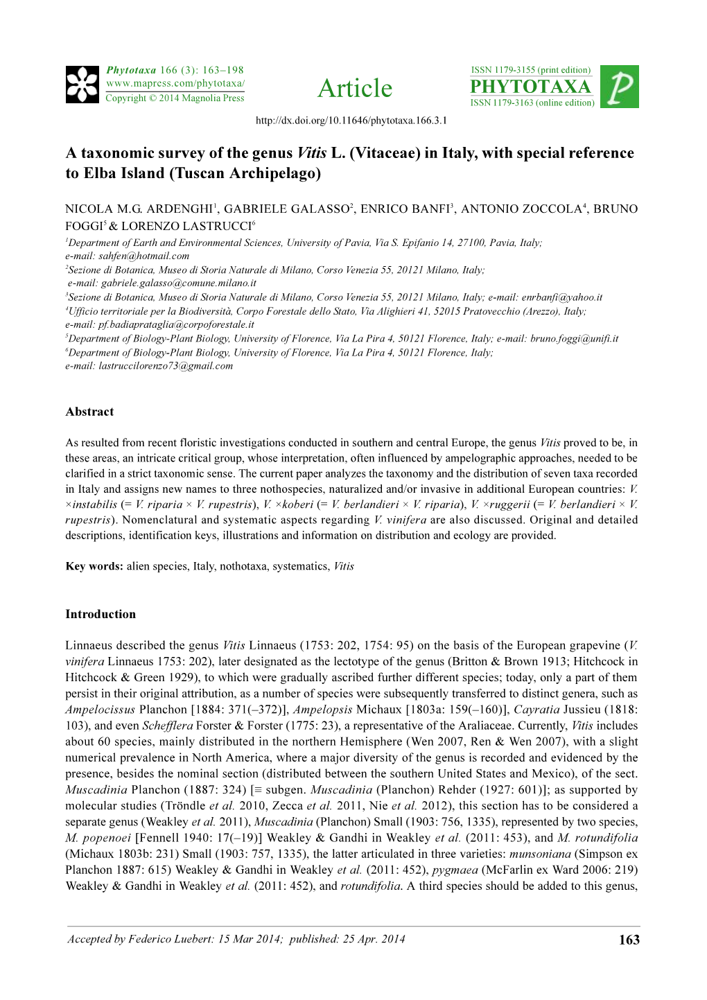 A Taxonomic Survey of the Genus Vitis L. (Vitaceae) in Italy, with Special Reference to Elba Island (Tuscan Archipelago)