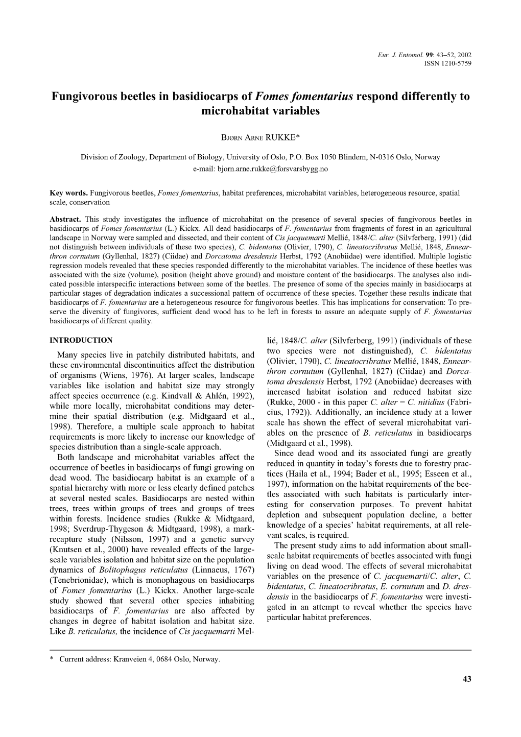 Fungivorous Beetles in Basidiocarps of Fomes Fomentarius Respond