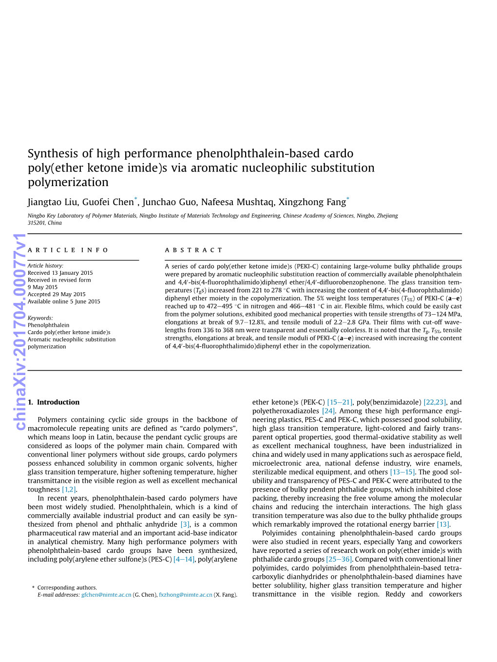 Synthesis of High Performance Phenolphthalein-Based Cardo Poly(Ether Ketone Imide)S Via Aromatic Nucleophilic Substitution Polymerization