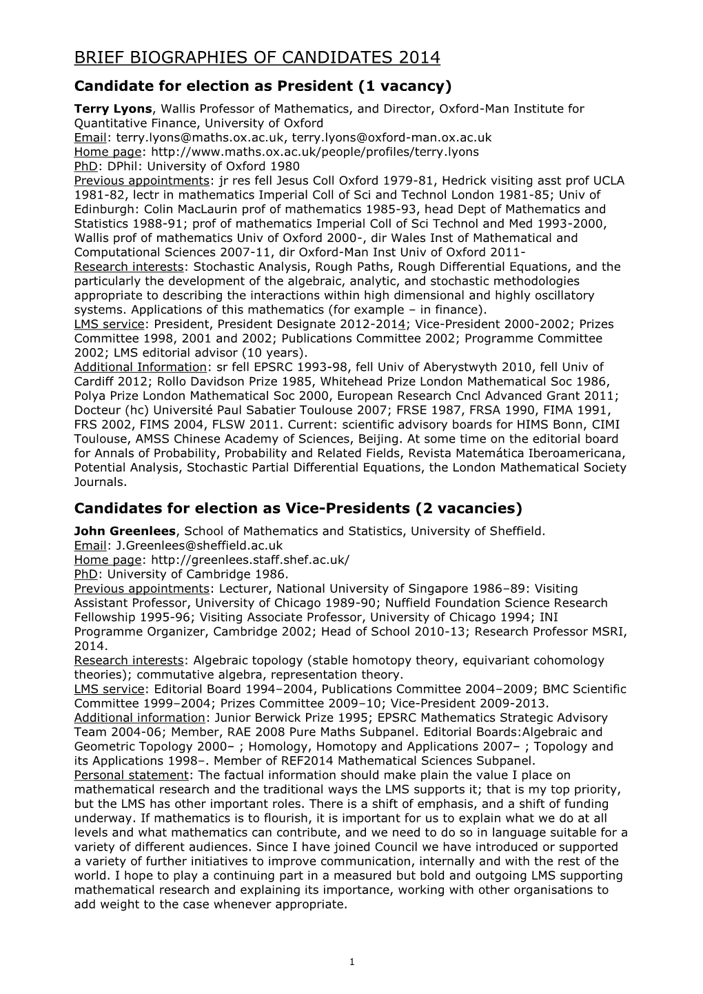 Brief Biographies of Candidates 2004