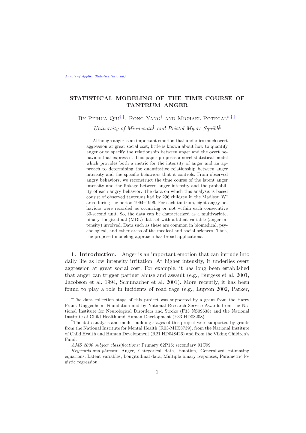 Statistical Modeling of the Time Course of Tantrum Anger