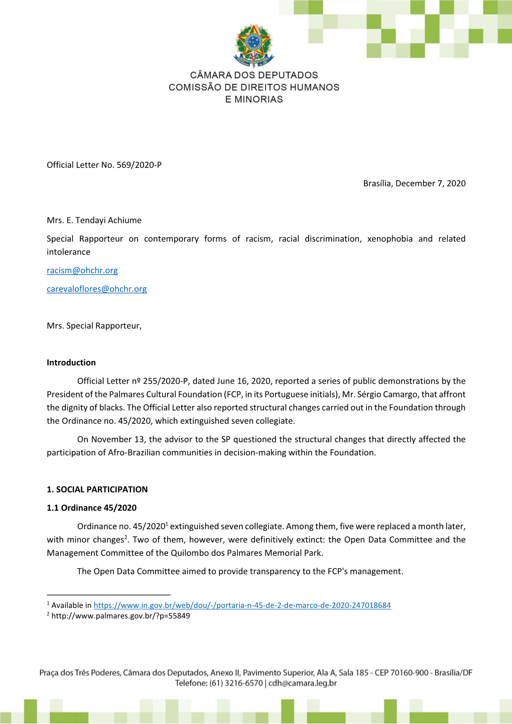 Official Letter No. 569/2020-P Brasília, December 7, 2020 Mrs. E