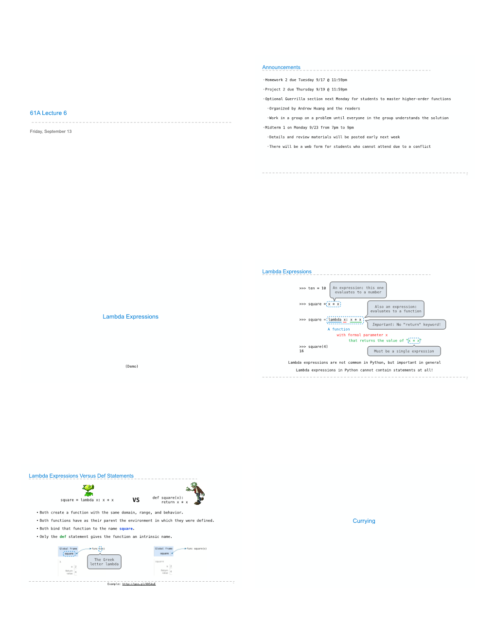 61A Lecture 6 Lambda Expressions VS Currying