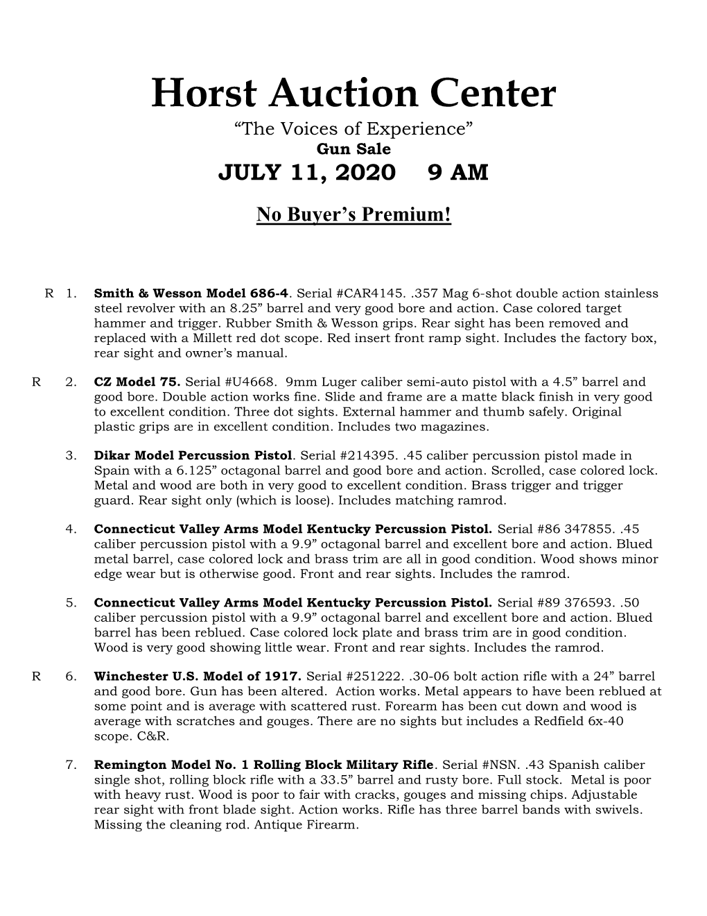 Horst Auction Center “The Voices of Experience” Gun Sale JULY 11, 2020 9 AM