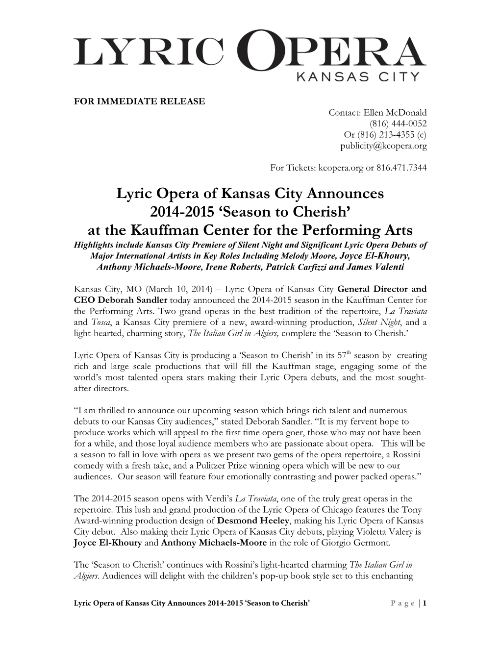 Lyric Opera of Kansas City Announces 2014-2015 'Season to Cherish' At
