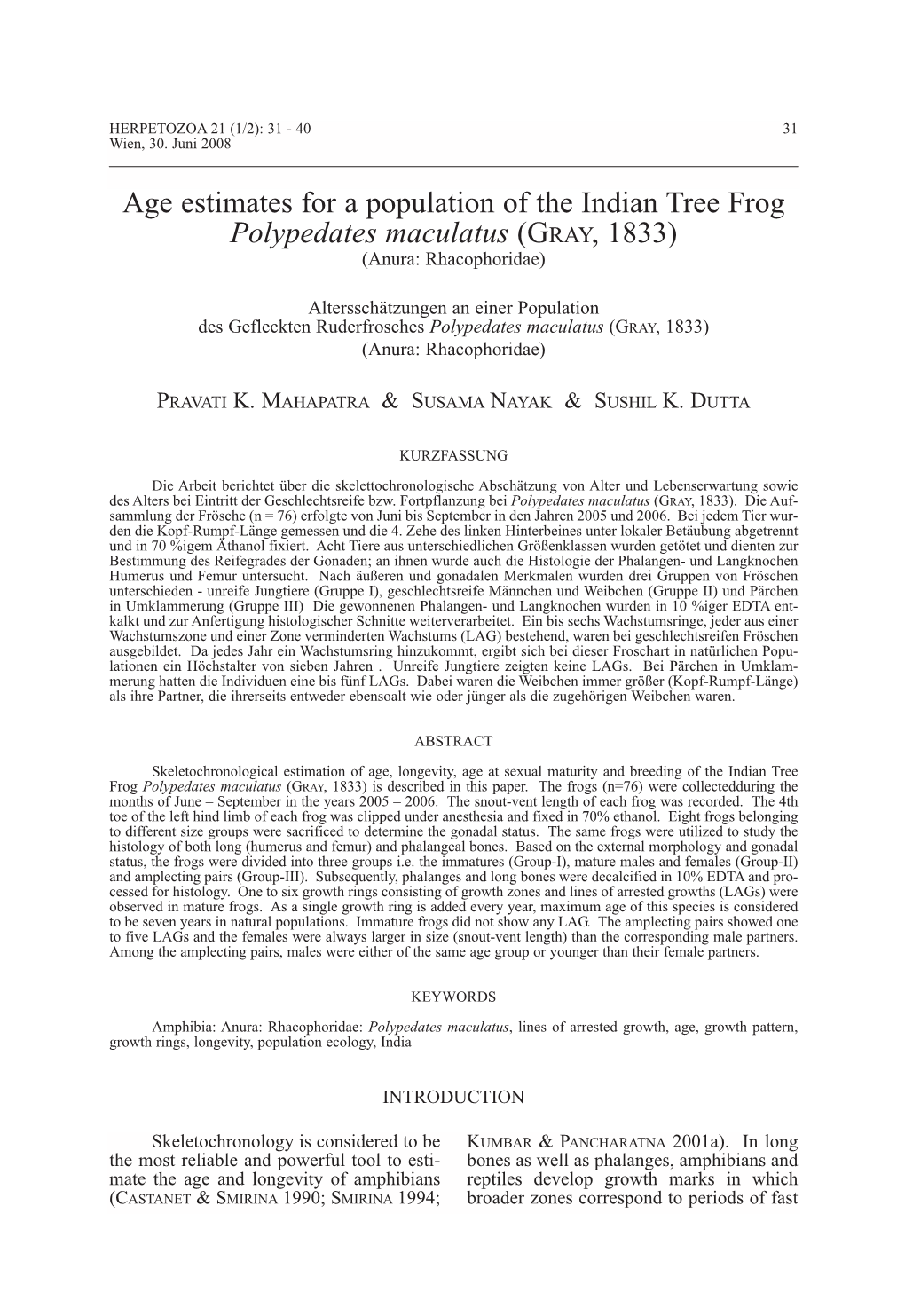 Age Estimates for a Population of the Indian Tree Frog Polypedates Maculatus (GRAY, 1833) (Anura: Rhacophoridae)