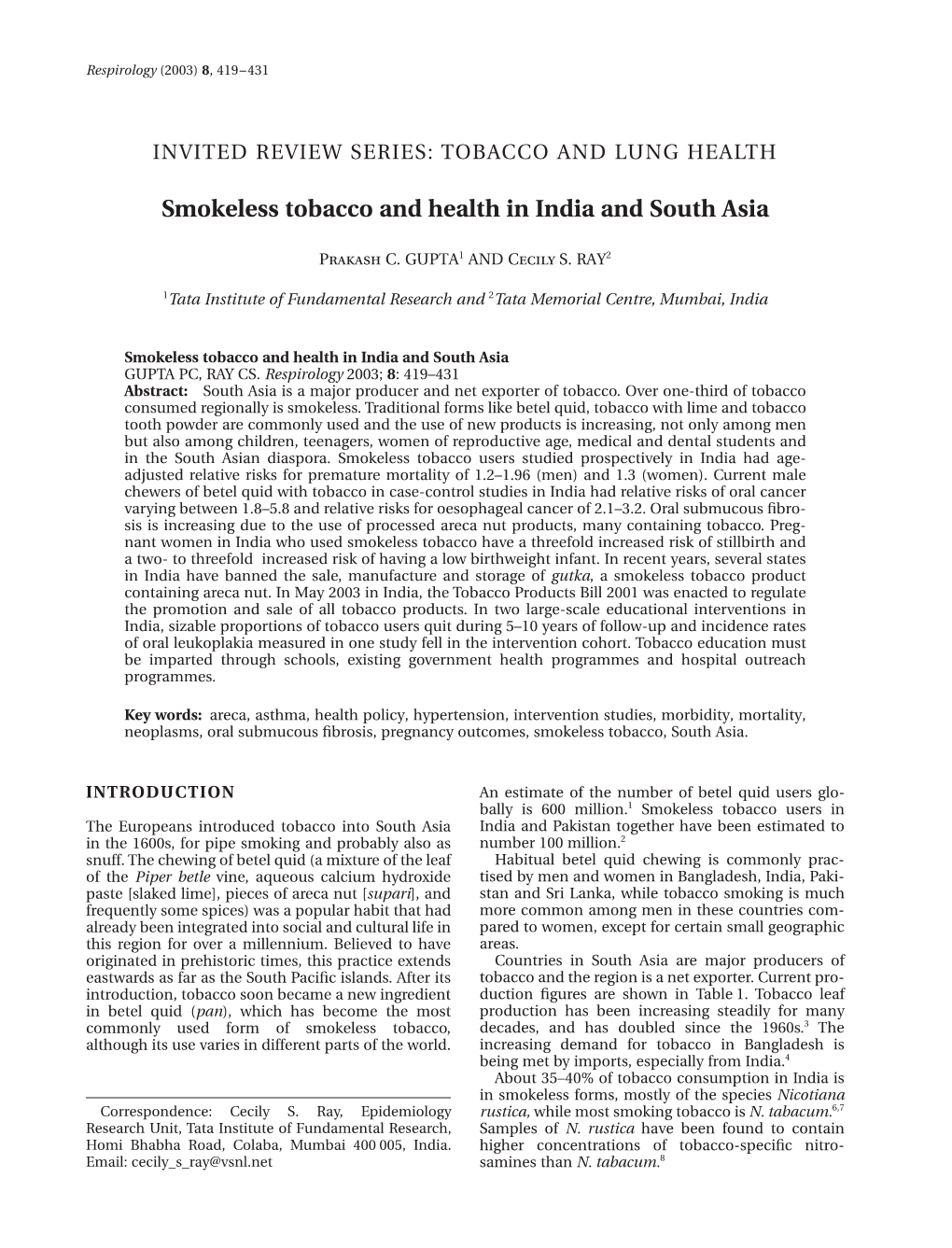 Smokeless Tobacco and Health in India and South Asia