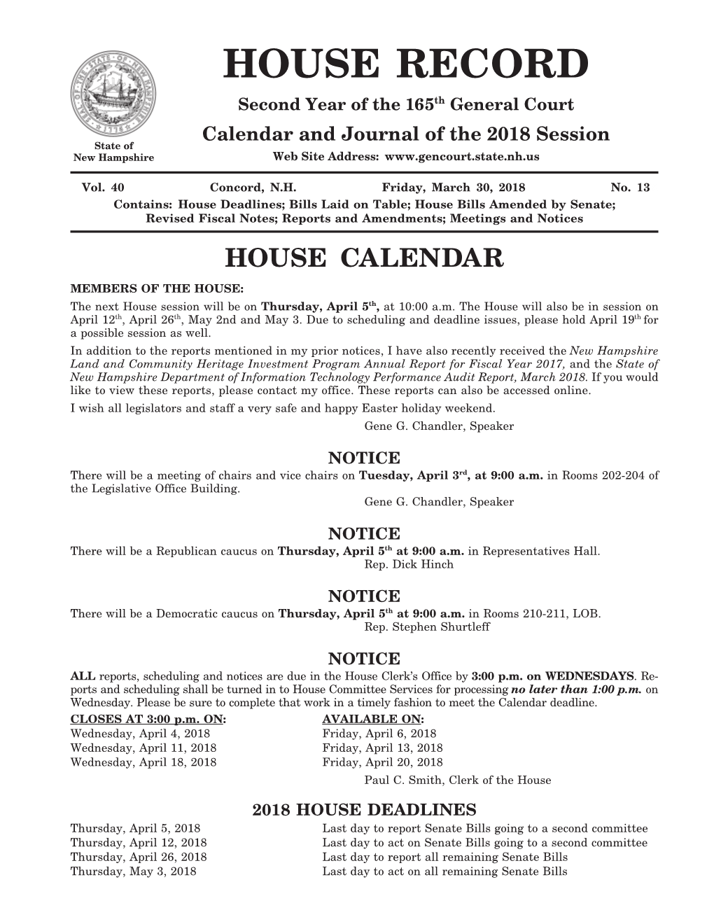 HOUSE RECORD Second Year of the 165Th General Court Calendar and Journal of the 2018 Session State of New Hampshire Web Site Address