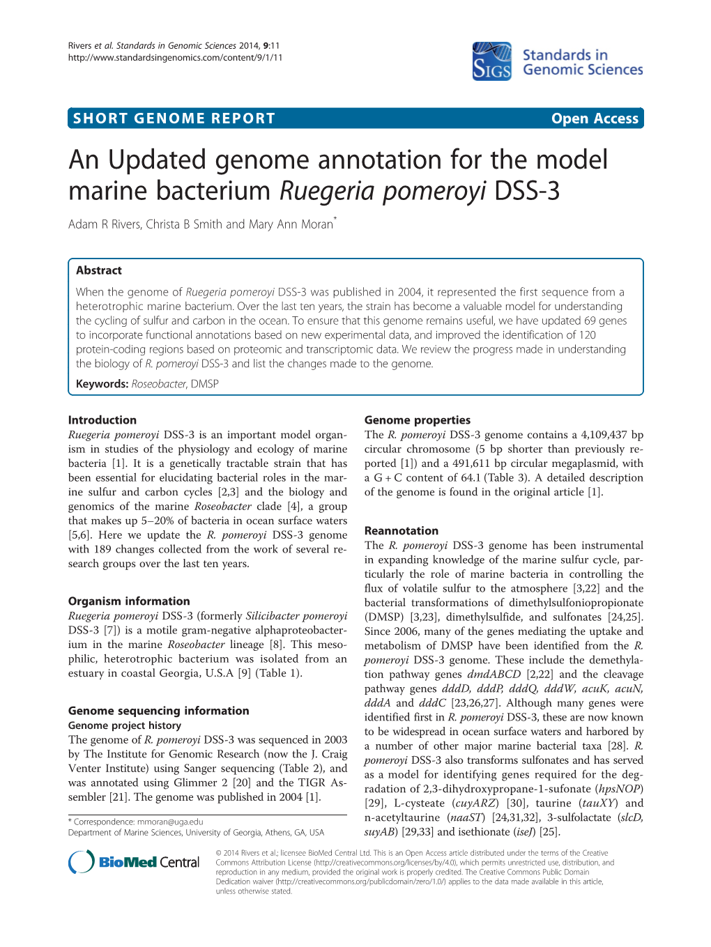 An Updated Genome Annotation for the Model Marine Bacterium Ruegeria Pomeroyi DSS-3 Adam R Rivers, Christa B Smith and Mary Ann Moran*