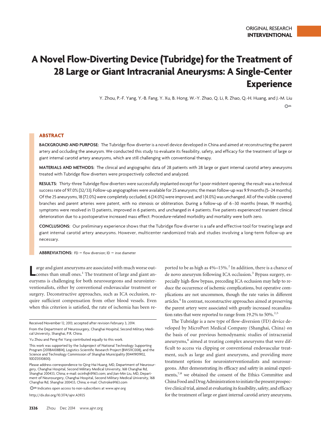 (Tubridge) for the Treatment of 28 Large Or Giant Intracranial Aneurysms: a Single-Center Experience