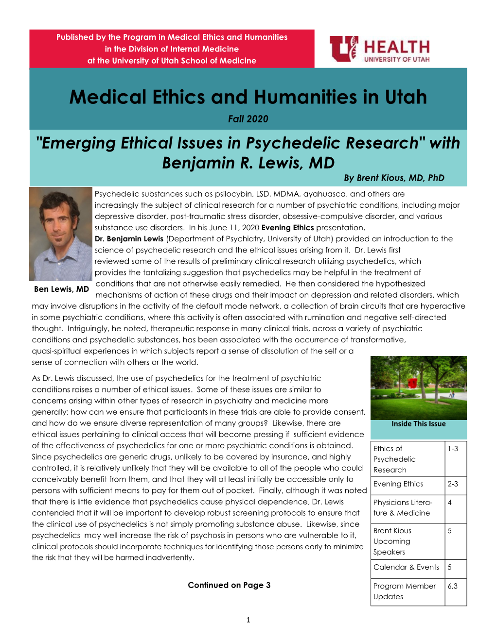 Medical Ethics and Humanities in Utah Fall 2020 "Emerging Ethical Issues in Psychedelic Research" with Benjamin R