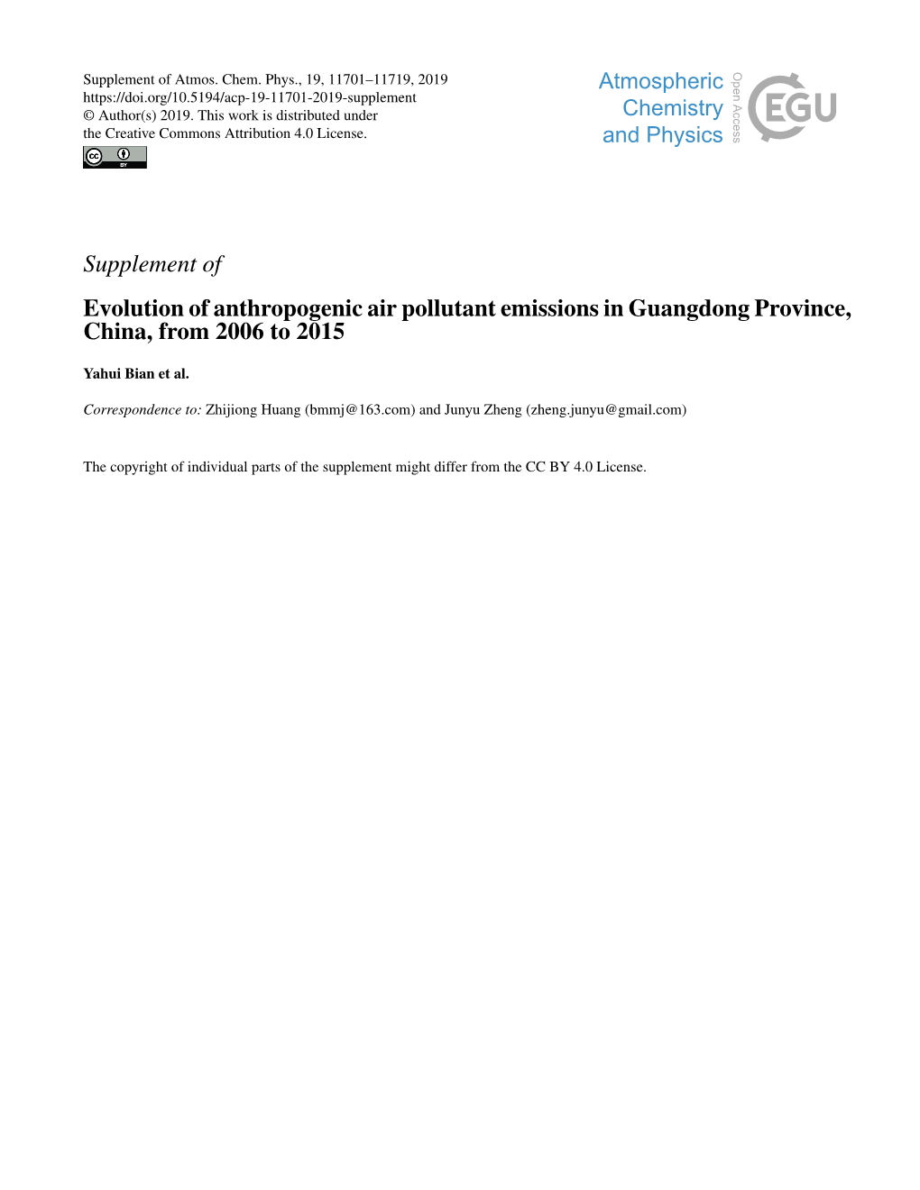 Supplement of Evolution of Anthropogenic Air Pollutant Emissions in Guangdong Province, China, from 2006 to 2015