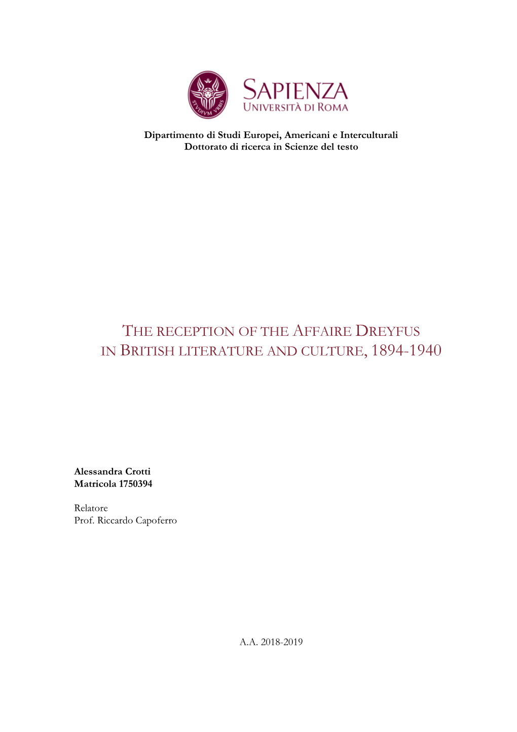 The Reception of the Affaire Dreyfus in British Literature and Culture, 1894-1940