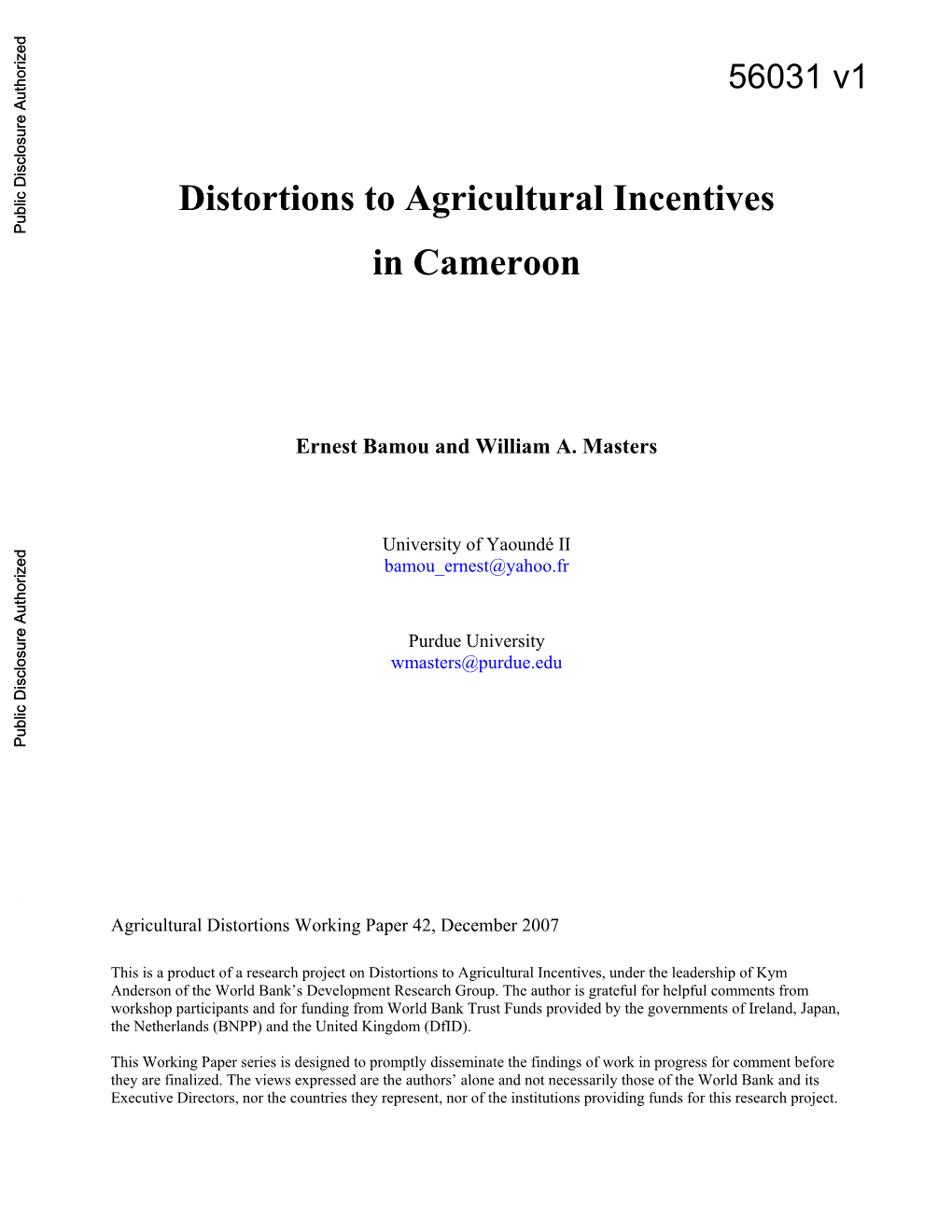 Distortions to Agricultural Incentives in Cameroon