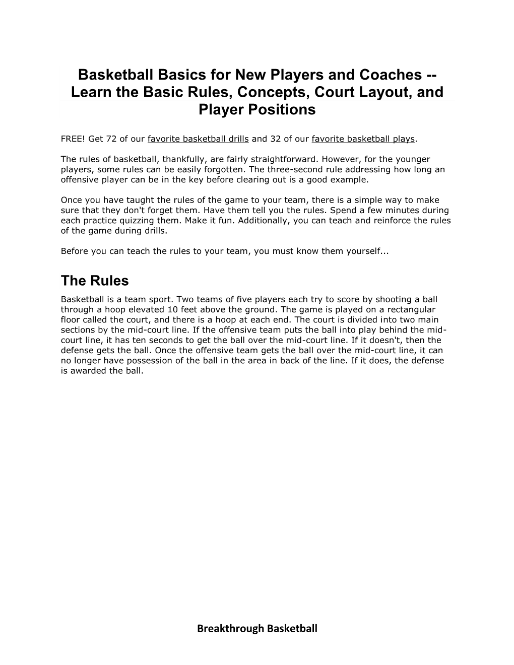 Basketball Basics for New Players and Coaches -- Learn the Basic Rules, Concepts, Court Layout, and Player Positions