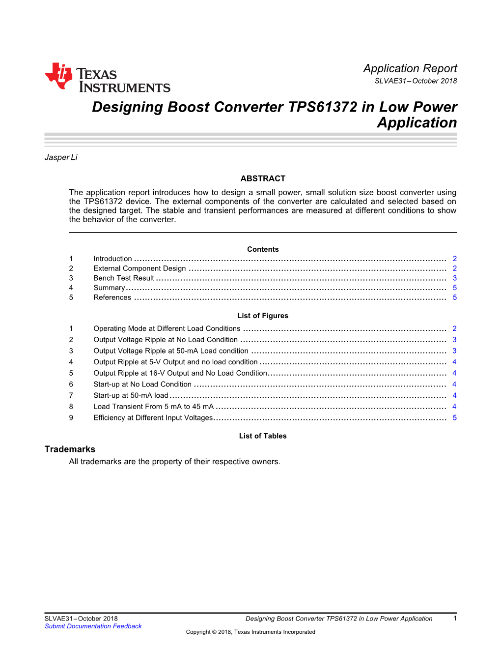 Designing Boost Converter TPS61372 in Low Power Application Report