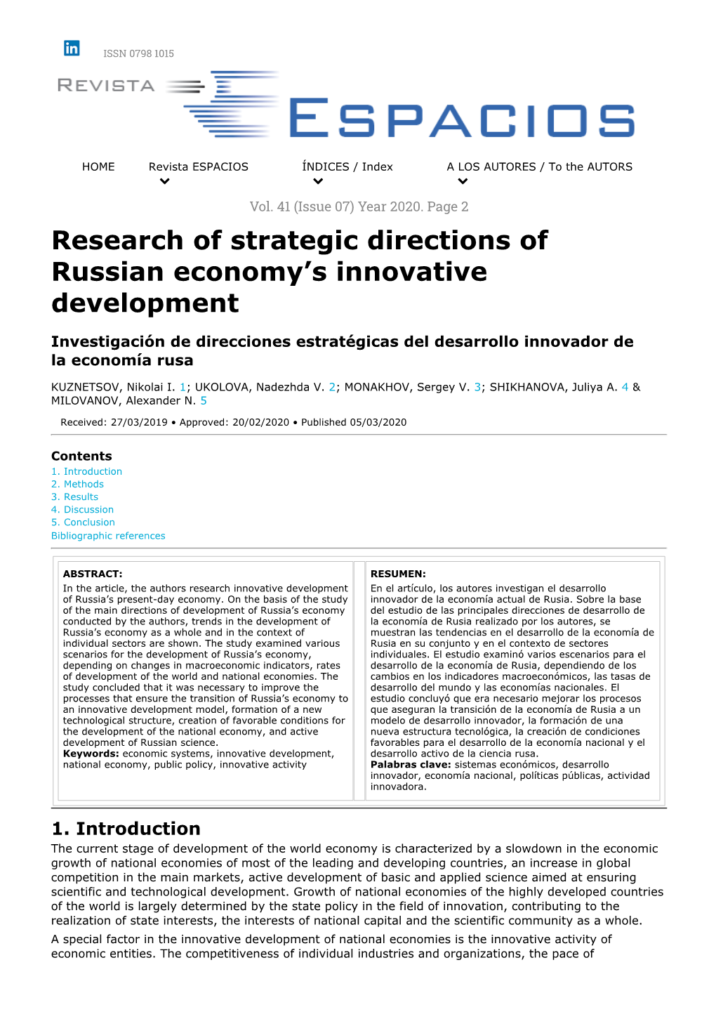 Research of Strategic Directions of Russian Economy's Innovative