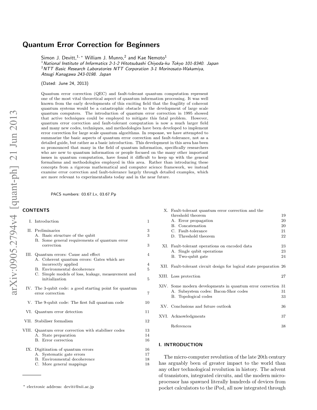 Arxiv:0905.2794V4 [Quant-Ph] 21 Jun 2013 Error Correction 7 B