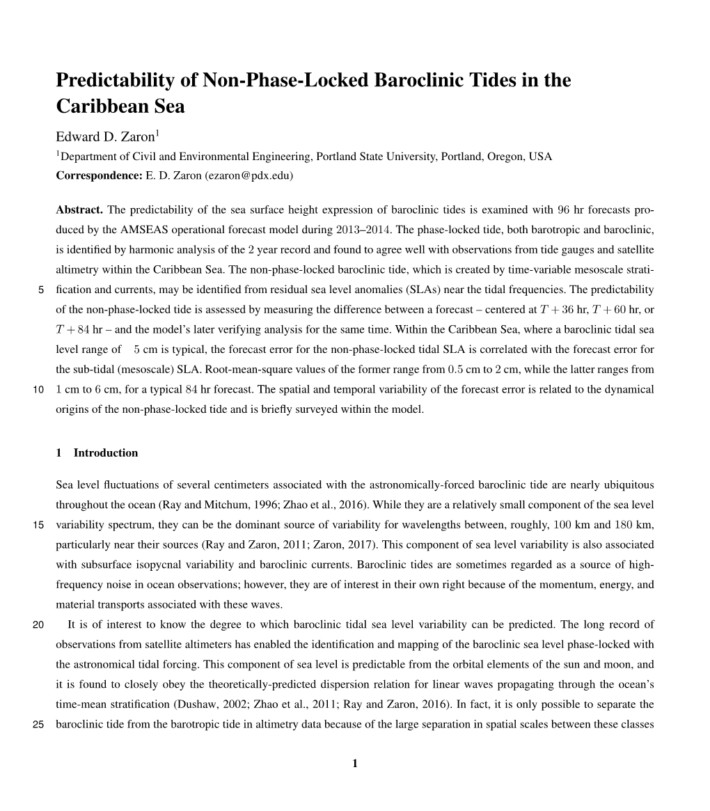 Predictability of Non-Phase-Locked Baroclinic Tides in the Caribbean Sea Edward D