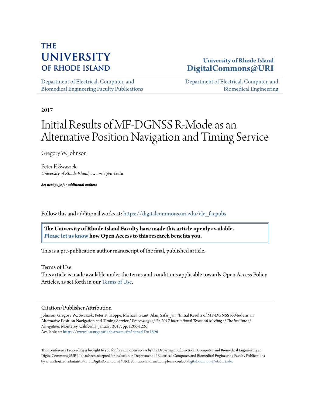 Initial Results of MF-DGNSS R-Mode As an Alternative Position Navigation and Timing Service Gregory W