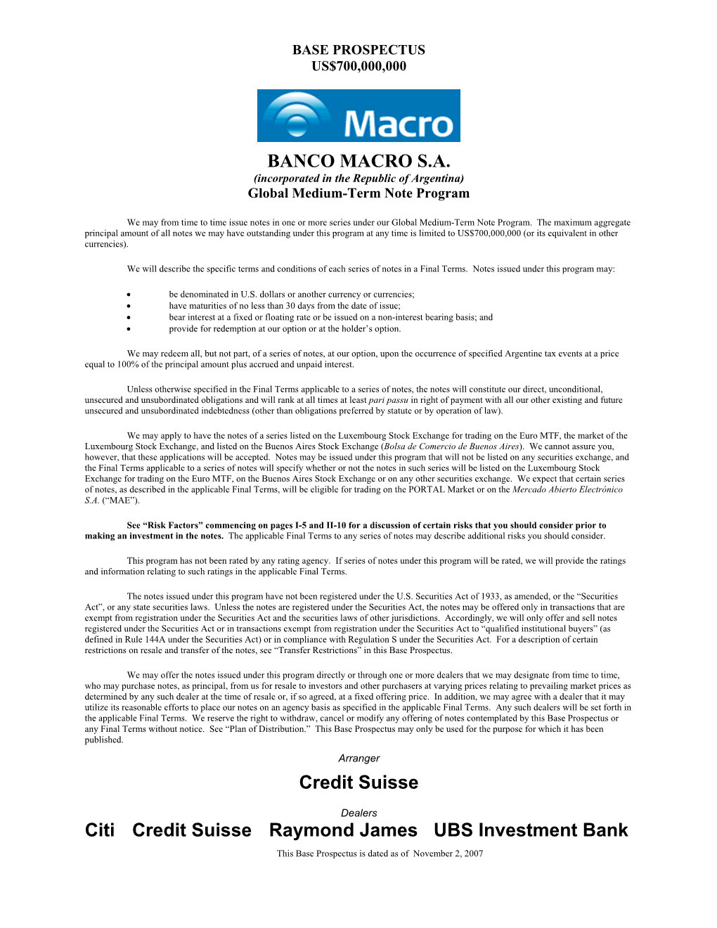 BANCO MACRO S.A. (Incorporated in the Republic of Argentina) Global Medium-Term Note Program