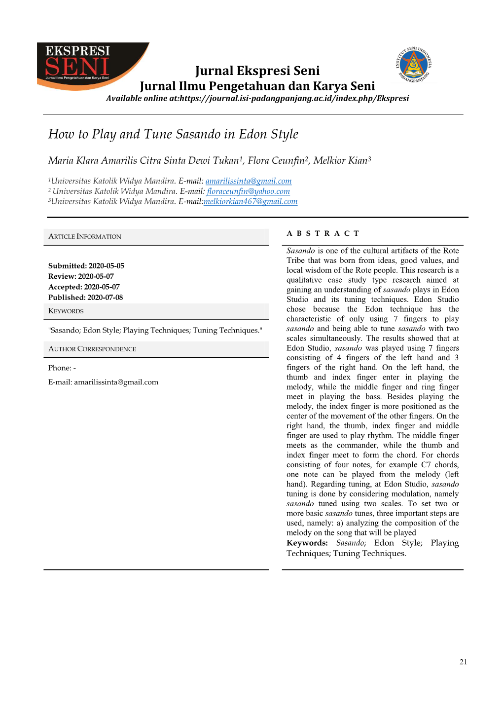 Jurnal Ekspresi Seni How to Play and Tune Sasando in Edon Style