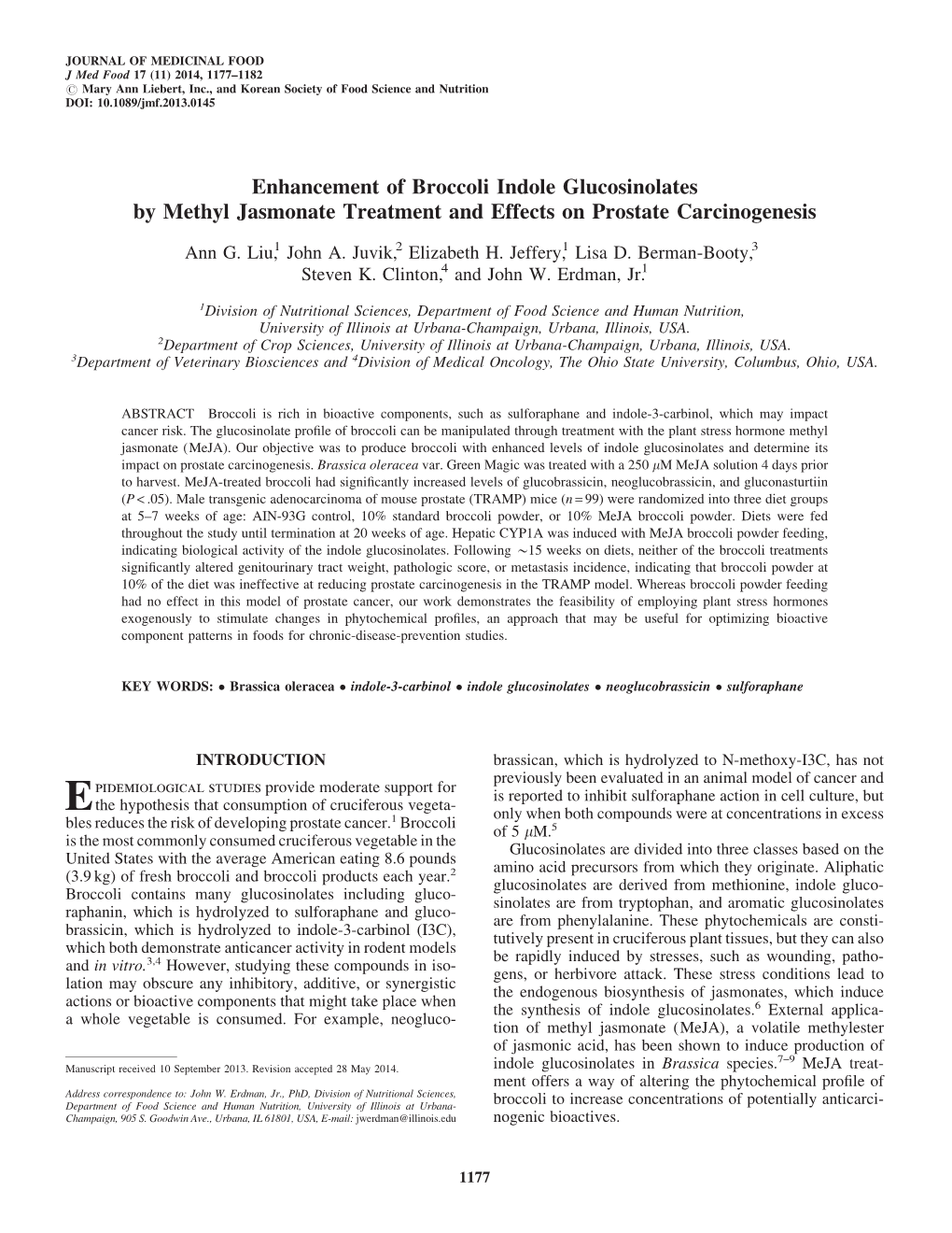 Enhancement of Broccoli Indole Glucosinolates by Methyl Jasmonate Treatment and Effects on Prostate Carcinogenesis