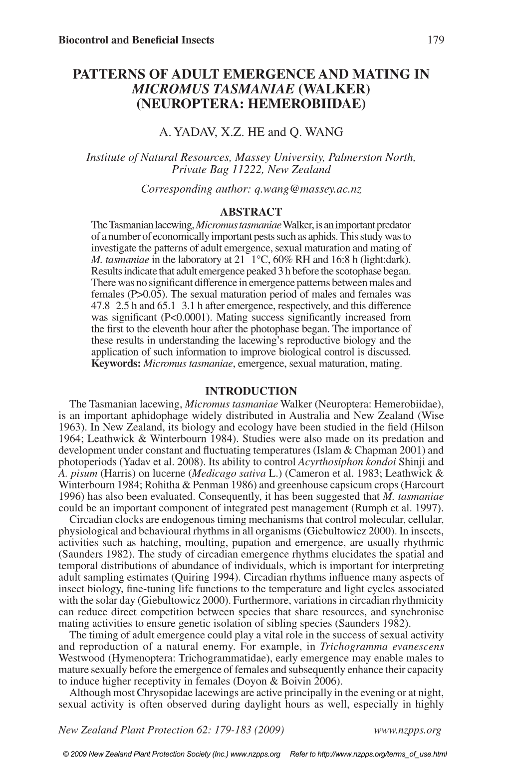 Patterns of Adult Emergence and Mating in Micromus Tasmaniae (Walker) (Neuroptera: Hemerobiidae)