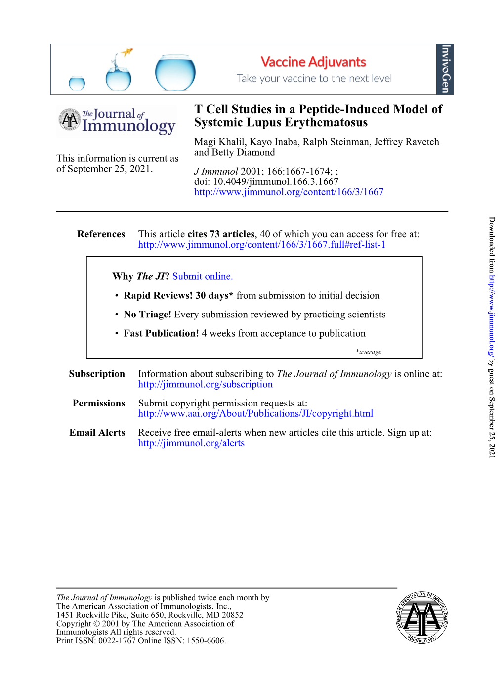 Systemic Lupus Erythematosus T Cell Studies in a Peptide-Induced Model Of