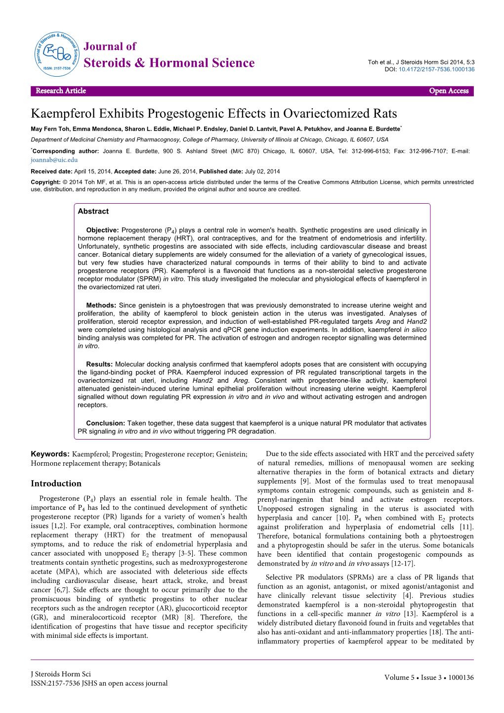 Kaempferol Exhibits Progestogenic Effects in Ovariectomized Rats May Fern Toh, Emma Mendonca, Sharon L