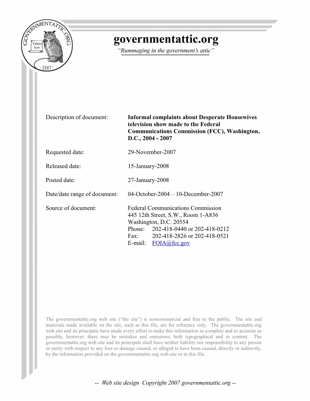 Desperate Housewives Television Show Made to the Federal Communications Commission (FCC), Washington, D.C., 2004 - 2007