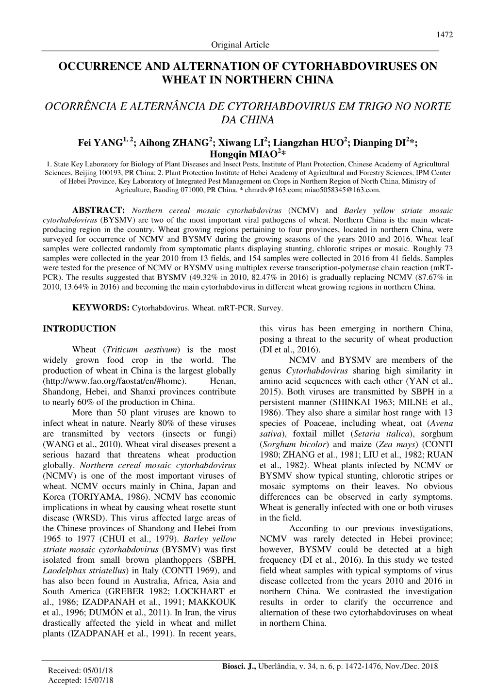 Occurrence and Alternation of Cytorhabdoviruses on Wheat in Northern China