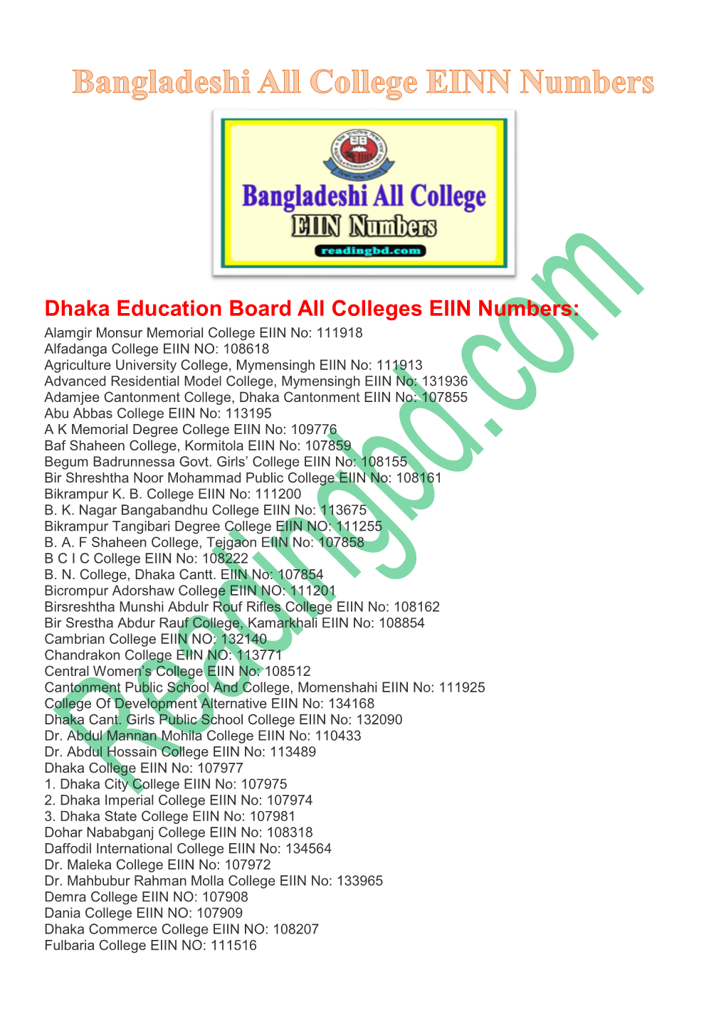 Dhaka Education Board All Colleges EIIN Numbers