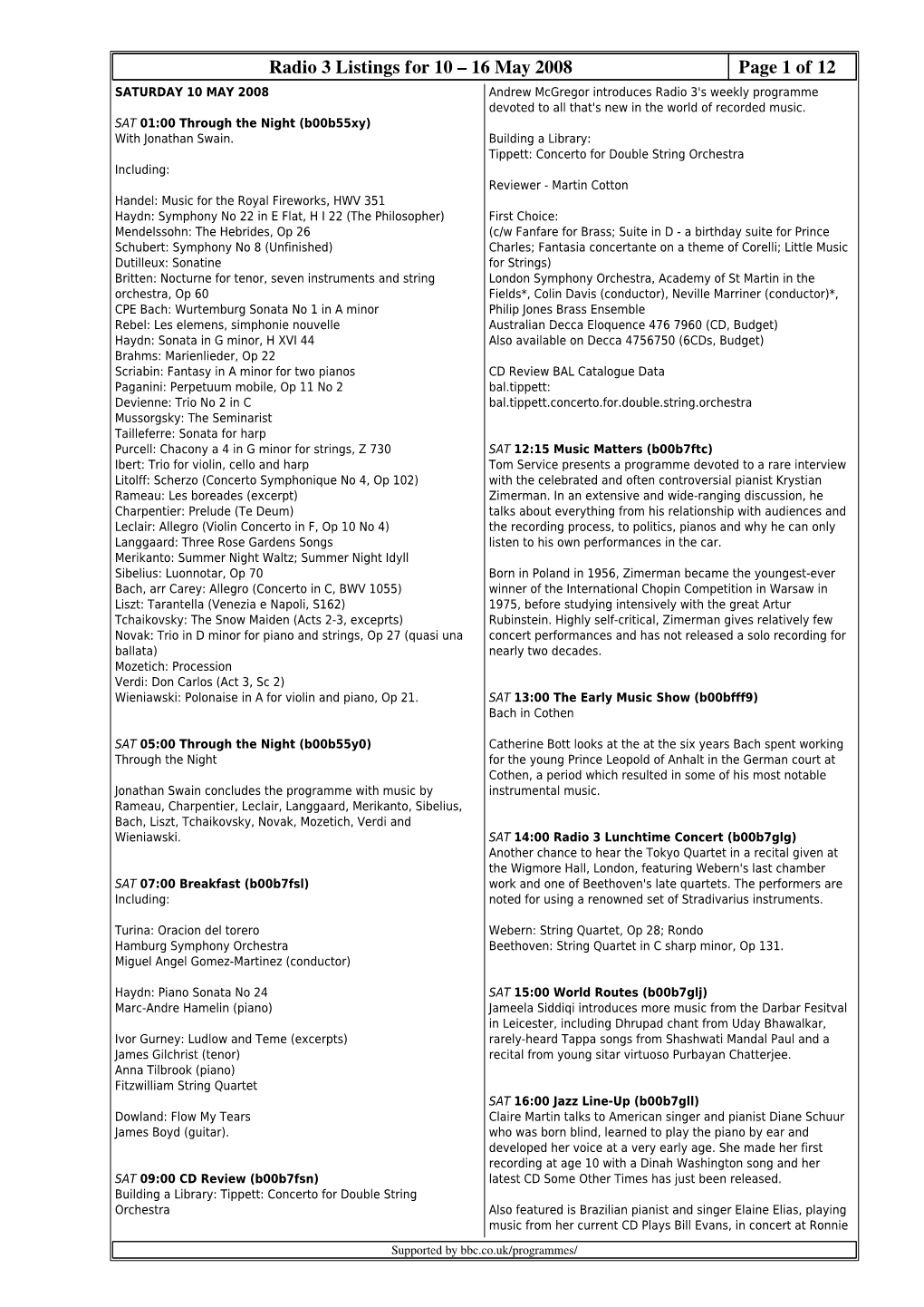 Radio 3 Listings for 10 – 16 May 2008 Page 1 Of