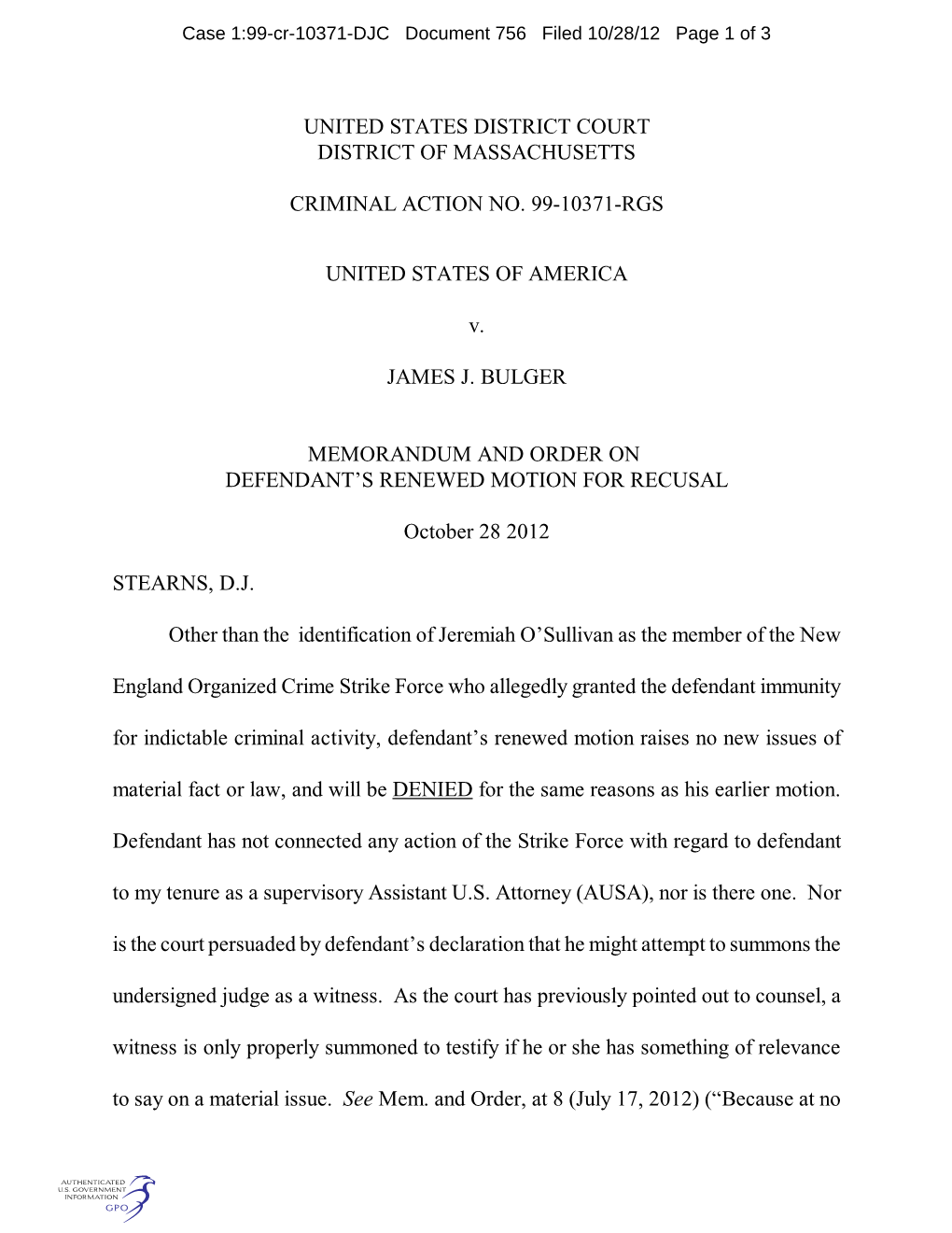 United States District Court District of Massachusetts