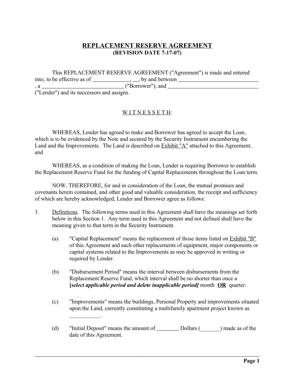 Replacement Reserve Agreement s1