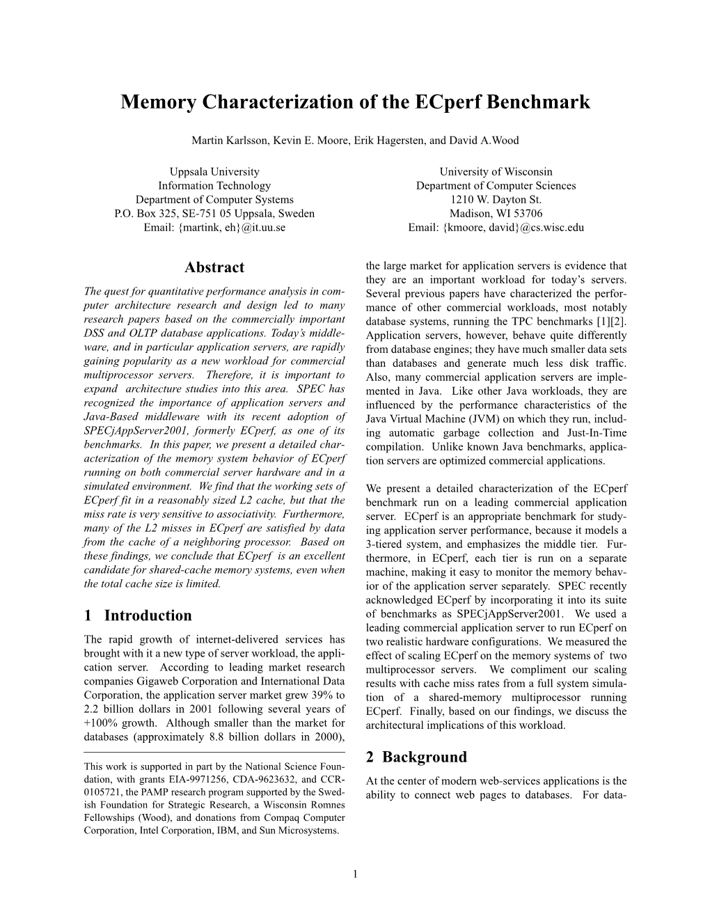 Memory Characterization of the Ecperf Benchmark