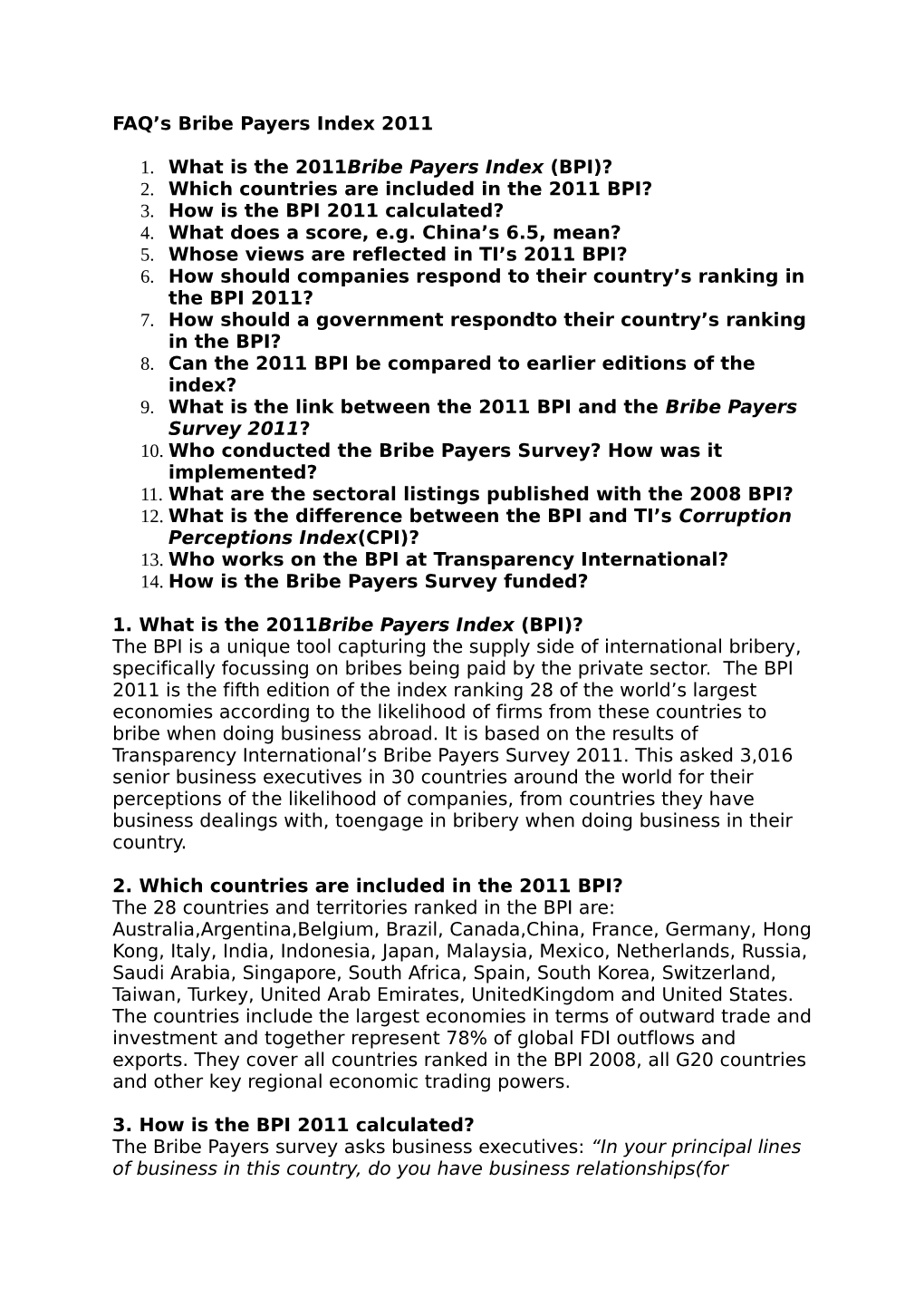 FAQ's Bribe Payers Index 2011