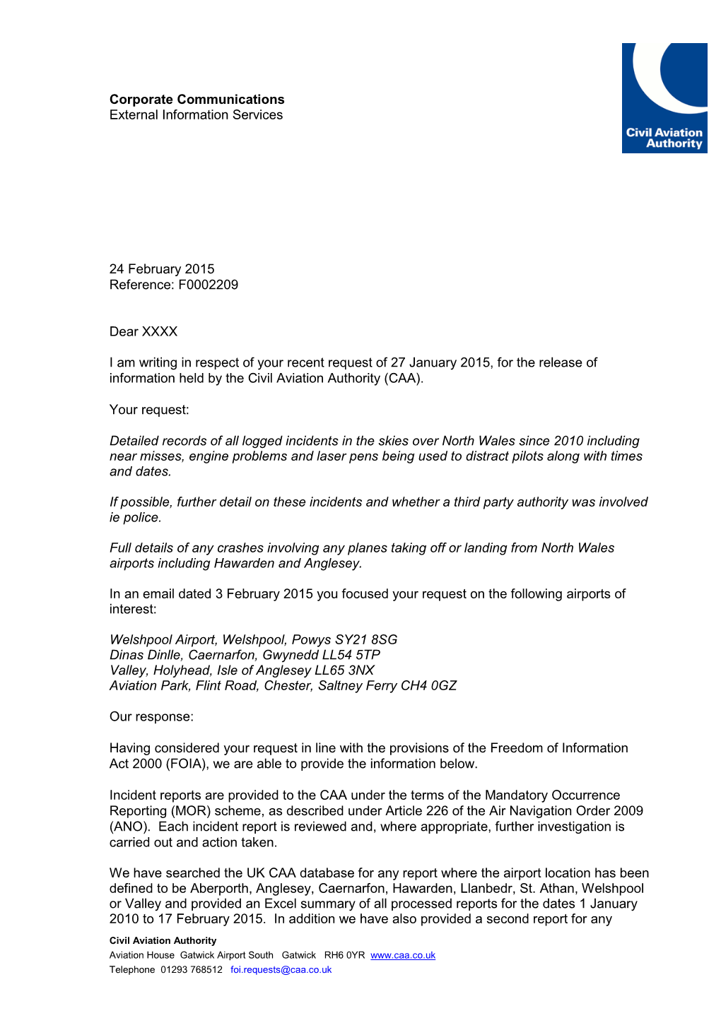 Mandatory Occurrence Reports North Wales