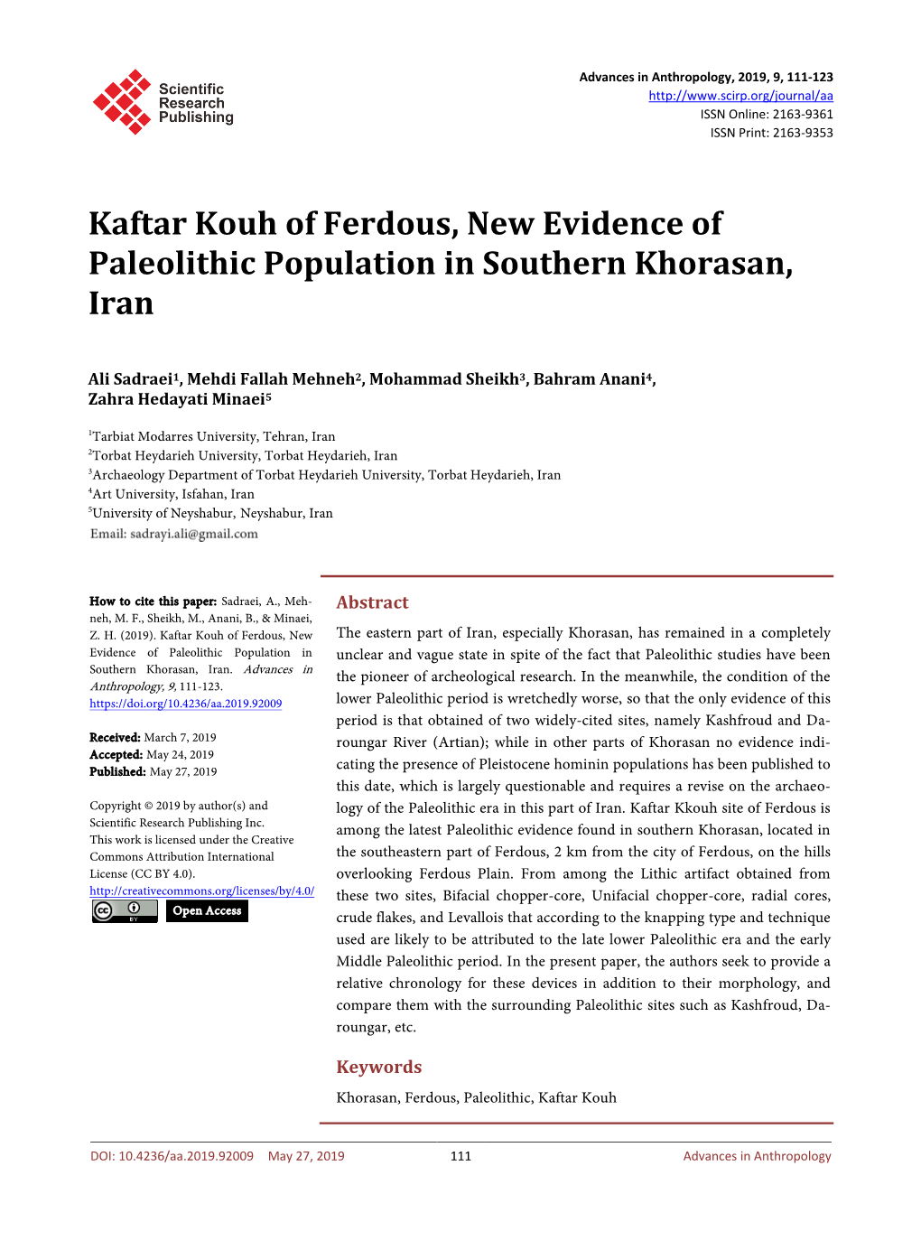 Kaftar Kouh of Ferdous, New Evidence of Paleolithic Population in Southern Khorasan, Iran