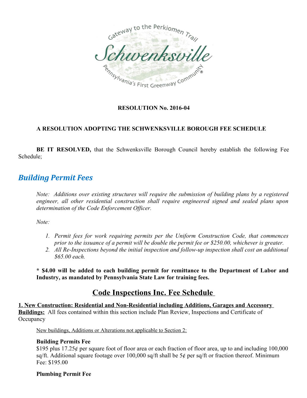 A Resolution Adopting the Schwenksville Borough Fee Schedule