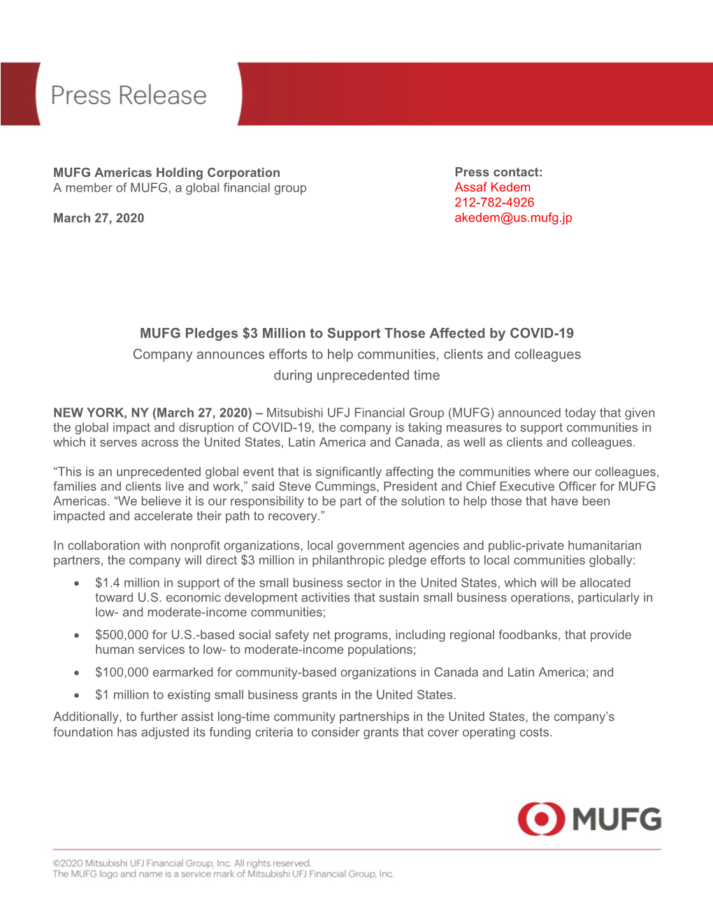 MUFG Pledges $3 Million to Support Those Affected by COVID-19 Company Announces Efforts to Help Communities, Clients and Colleagues During Unprecedented Time