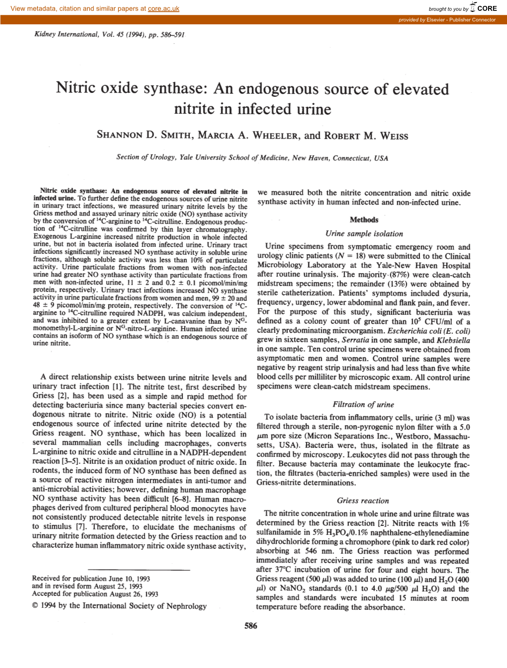 An Endogenous Source of Elevated Nitrite in Infected Urine